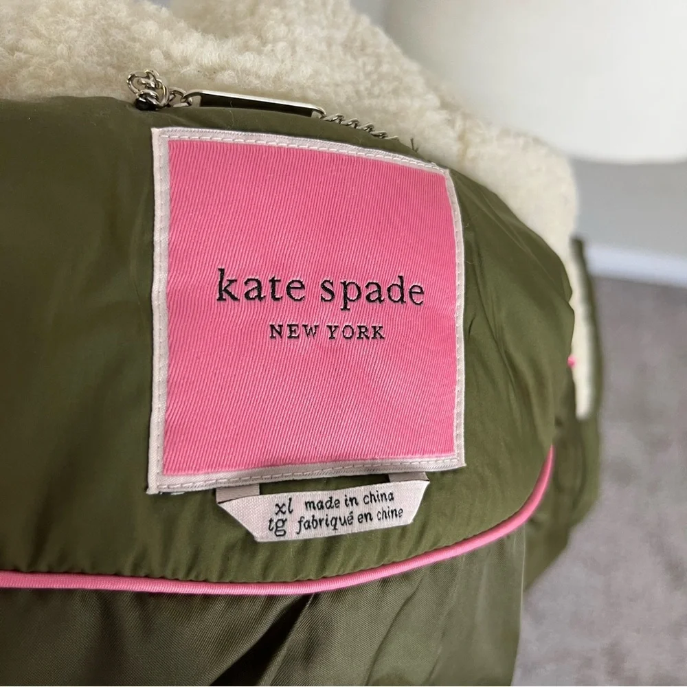 NWT KATE SPADE FAUX SHEARLING TRIM DOWN AND FEATHER FILL LONG COAT OLIVE SIZE XL - Picture 13 of 16
